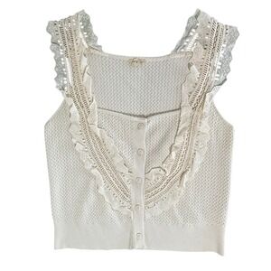 Anthropologie‎ Pilcro Bib Sweater Tank Ivory Size Large Lace Trim Knit Button